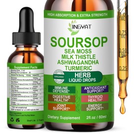 Organic Soursop Drops, Soursop Bitters Liquid w/Sea Moss Ashwagandha Milk Thistle Turmeric Holy Basil, 7-in-1 Herbal Supplement for Liver Detox, Cellular, Antioxidant, Digestive & Immune Support