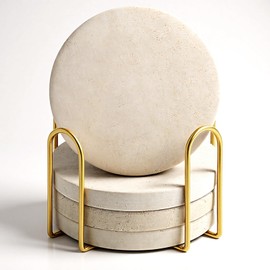 HANLANXUE 4 Pcs 4 inches Beige Travertine Coasters with Holder