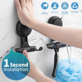 TAILI Shower Razor Holder Hanger Hooks Suction Cup Door Hooks for Shower Wall, Towel, Bathroom, Removable Waterproof, Black, 2 Pack