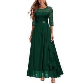 MIUSOL Women's Vintage Floral Lace Half Sleeves Ruffles Trim Bridesmaids Party Gown Formal Maxi Dress (X-Large, Dark Green)