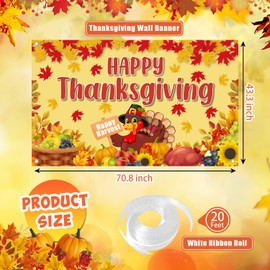 Happy Thanksgiving Banner 72x44 Inch, Thanksgiving Party Decorations Happy Thanksgiving Backdrop for Photography, Thanksgiving Indoor Outdoor Party Wall Background