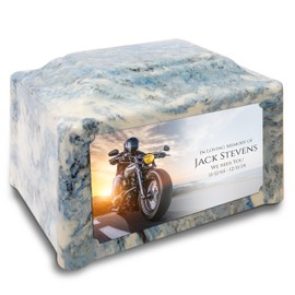 GetUrns Devotion Sky Blue Adult Cremation Urn for Human Ashes I Motorcycle UV Printing Cultured Marble Urns for Male and Female I 200lbs
