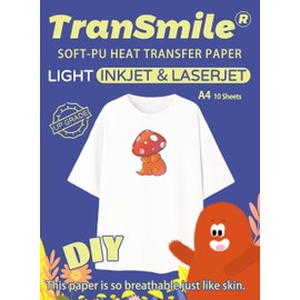 TRANSMILE PU-Transfer Paper Iron on Transfers for Light T Shirts White Fabrics for Inkjet & Laser Printer T-Shirt Heat Transfer Paper Upgraded 3.0 A4 10 Sheets (TS-H-L3.0-10)