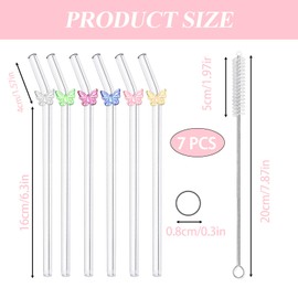 6 Pcs Reusable Gglass Straws with Charms, Cute Bow Decoration Glass Straw, Environmentally Friendly Curved Straw with Cleaning Brush (20cm)