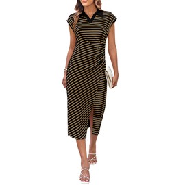 GRACE KARIN Women's Casual Summer Dresses Cap Sleeve V Neck Striped Bodycon Midi Dress with Slit Brown S