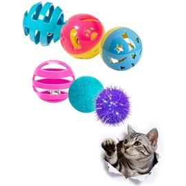 DIYUQISHI 6-Pack Cat Toy Balls, 4 Bell Balls with Star and Paw Print Designs, 1 Sparkle Ball, 1 Fuzzy Ball, Interactive Cat Toys for Indoor Cats, Kitten Toys for Self Play and Exercise (1.5'')