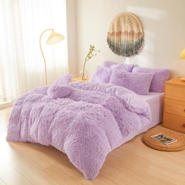 Fluffy Faux Fur Lavender Comforter Cover Twin Set – Plush Fluffy Lavender Bedding 2-Piece Set (1 Furry Duvet Cover + 1 Shaggy Pillow Sham) Cozy Bed Set