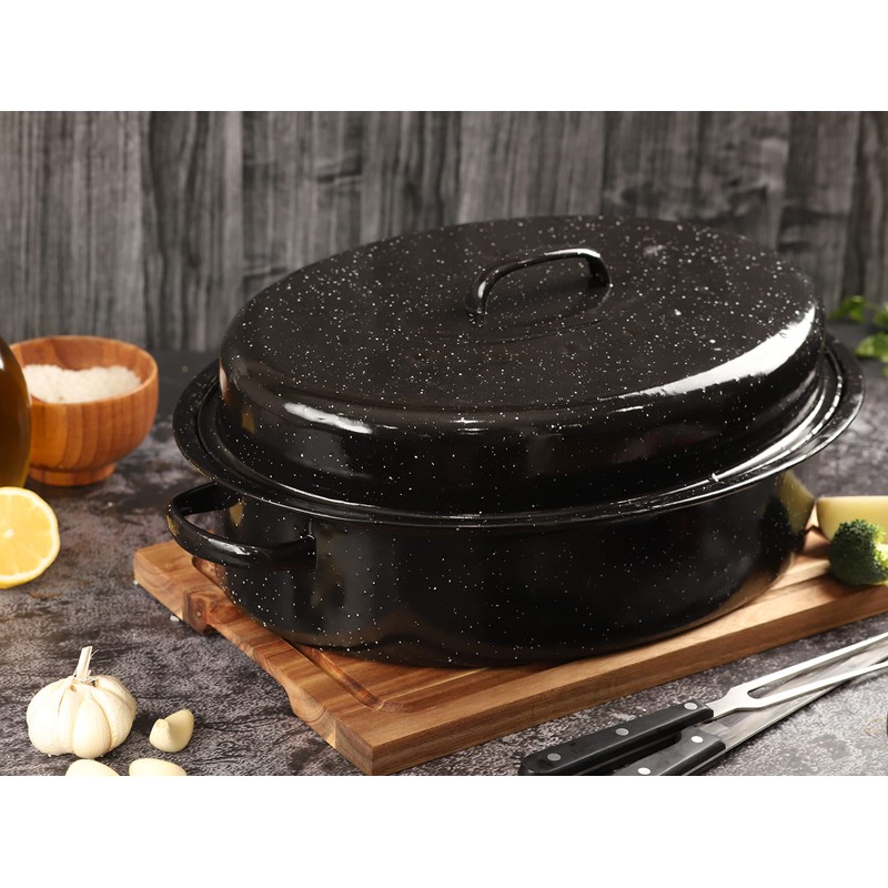 GOURMEX Medium 12lb Black Oval Ceramic Enamel Coated Roasting Pan