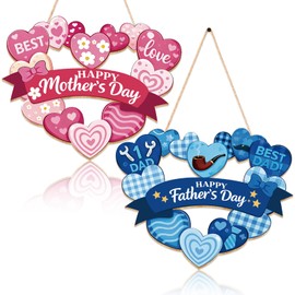 Happy Mothers Day Decorations Fathers Mother's Day Wooden Door Hanging Sign Double-Sided Mothers Days Wreath Door Wreath for Front Doors Sign Welcome Hanging Crafts for Home Farmhouse Wall Decor