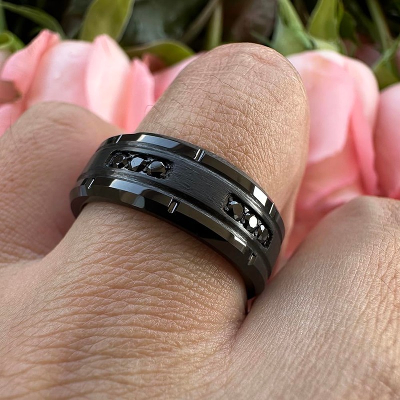 TUTISS 8mm Black Tungsten Rings for Men Women Eternity Engagement