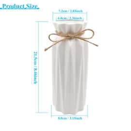 Ceramic Ribbed Vase with Fine Twine, Vase for Pampas Grass as Boho Deco, Modern White Glazed Flower Vase 8.46Inch / 21.5CM, Decorative Vase for Living Room Dinner Table Office Bedroom