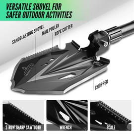 Zune Lotoo Tactical Shovel Survival Tool, 18 in 1 Small Camping Shovel Folding Multitool Compact Entrenching Tool Heavy Duty for Hiking Backpack Emergency Spade Lightweight Car Truck Gift Survivalist