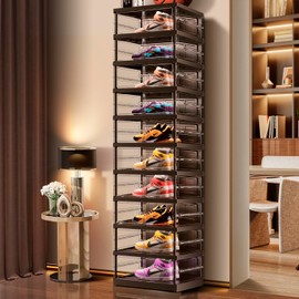 EHAMILY 10 Tiers 10-20 Pairs Foldable Shoe Boxes Large Plastic Shoe Storage Rack Collapsible Shoe Organizer for Closet Clear Stackable Shoes Shelf Storage Cabinet with Doors Quick Assembly Black