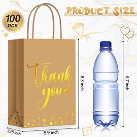 Tinlade 100 Pcs Thank You Gift Bags Bulk Paper Gold Thank You Wedding Bags with Handle for Business, Shopping, Wedding, Baby Shower, Party Favors (Brown)