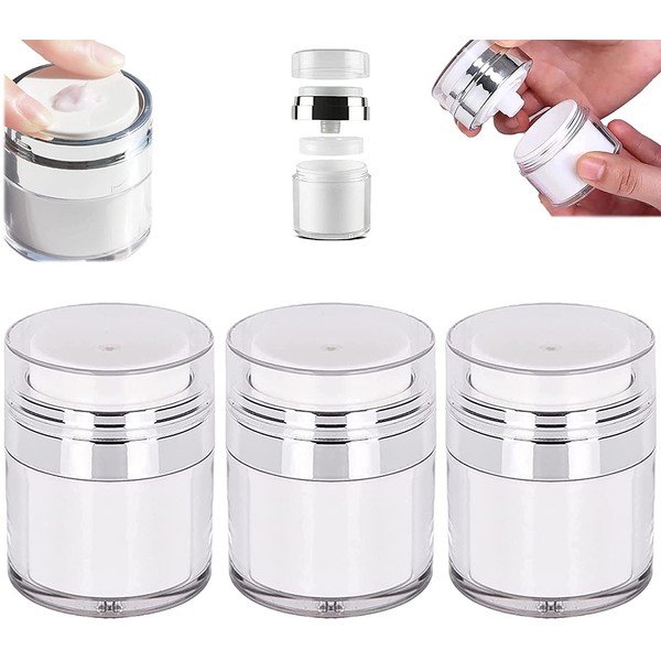 3Pcs Airless Pump Jar, Refillable Cosmetic Air Pump Bottle, Empty Acrylic Leak-Proof Makeup Cosmetic Jar Containers with Press Pump, Airless Lotion Cream Dispenser Makeup Containers,15ml/0.5oz