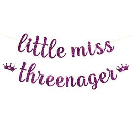Maicaiffe Little Miss Threenager Banner - Girl's 3rd Birthday Party Decor - Three Years Old - Princess 3rd Birthday Party Decorations, Purple Glitter