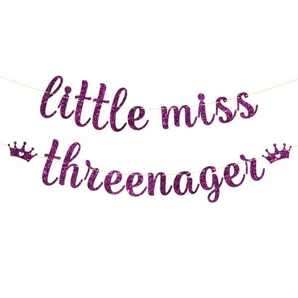 Maicaiffe Little Miss Threenager Banner - Girl's 3rd Birthday Party Decor - Three Years Old - Princess 3rd Birthday Party Decorations, Purple Glitter