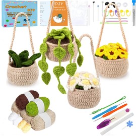 XIANFANG 4 PCS Car Hanging Basket Hanging Plant for Car Decor Crochet Starter Kit Cute Potted Plants Crochet with Step-by-Step Video Tutorials Complete Crochet Kit for Beginners