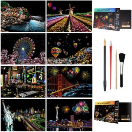 Scratch Painting & Sketch Art Paper A4 for Kids & Adults, Rainbow Scratch Art for Adults Night View Art&Craft, 8PC Scratch Cards Engraving Art Set