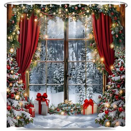 Christmas Snowy Shower Curtain Xmas Tree Winter Forest Pine Vintage Rustic Landscape Holiday Bathroom Decor Polyester Fabric with Hook