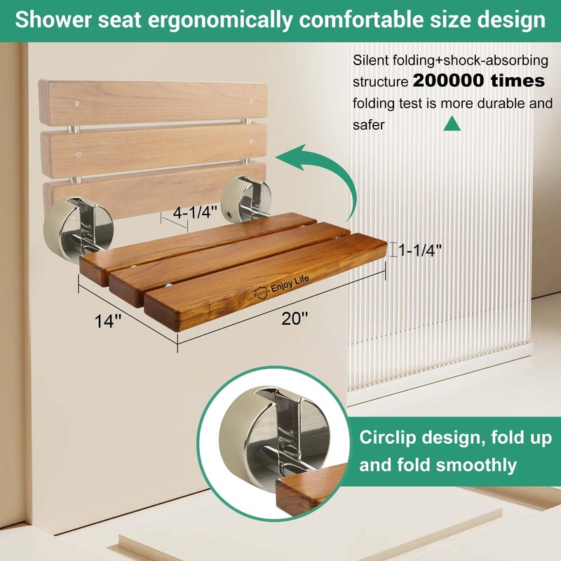 20 Inchs Teak Folding Shower Seat Wall Mounted, Fold Down