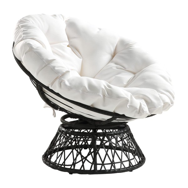 OSP Home Furnishings Wicker Papasan Chair with 360-Degree Swivel, 40â€ W x 36â€ D x 35.25â€ H, Grey Frame with White Cushion
