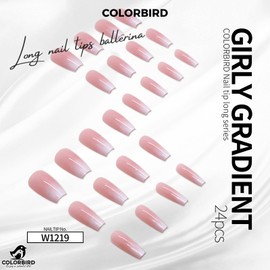 COLORBIRD Nail Tips, Long, 24 Pieces, Pink, White, Nail Tips, Short, Cute, Ballerina (W1219)