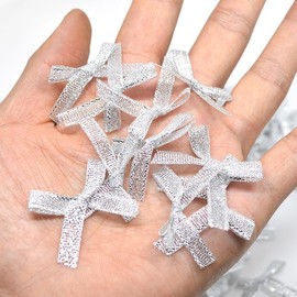 Pack of 100 Mini Satin Ribbon Bows, 2.5 x 3 cm Mini Satin Bows Bowknot Small Satin Ribbon Bows for DIY Crafts Wedding Christmas Valentine's Day Gift Packaging Christmas Cards Silver