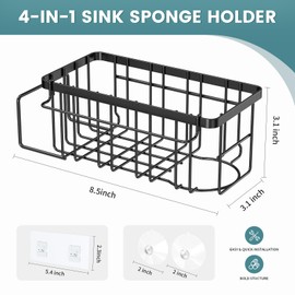 StorageRight 4-in-1 Sponge Holder for Kitchen Sink, Kitchen Organizers and Storage with Adhesive Hook & Suction Cups, Rustproof Sink Caddy for Kitchen Decor, Kitchen Sink Organizer - Black