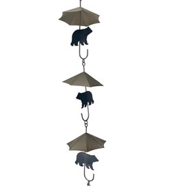 Things2Die4 Rustic Black Bear & Umbrella Rain Chain - 75" Long Distressed Copper Finish, 10 Decorative 3D Designs, Weighted Bell for Wind Chime Sound