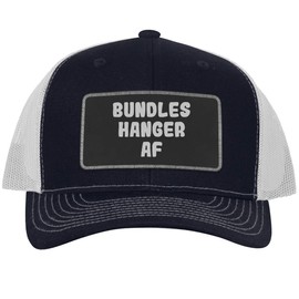 Bundles Hanger AF - Leather Black Patch Engraved Trucker Hat, Navy-White, One Size