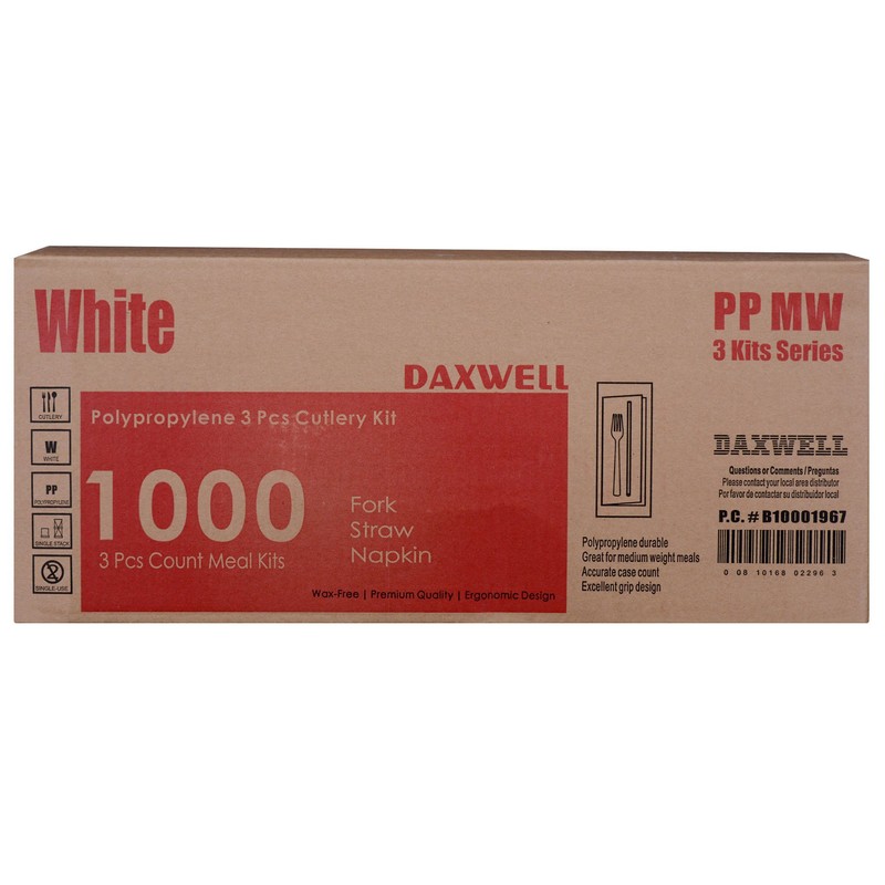 Daxwell Plastic Cutlery Kits, Medium Weight Polypropylene (PP), Fork, Straw,
