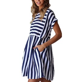 Naggoo Tunic Dresses for Women Casual Round Neck Striped Short Sleeve Mini Summer Tshirt Sundress,Navy Blue,M