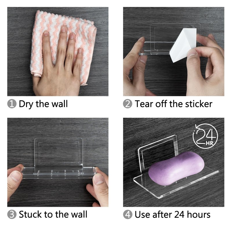 Self Adhesive Soap Dish Wall Mounted, 4 Slot Acrylic Soap