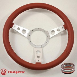 FLASHPOWER 15" Polished Classic Burgundy Wrapped Steering Wheel 9 bolt with Horn Button