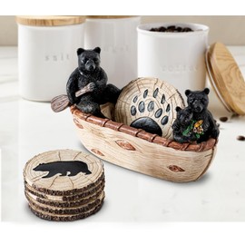 Bear Coasters Set of 6 Cute Table Coasters Resin Drink Coasters Black Cup Coasters for Coffee Table with Bear Family Boating Log Cabin Decorations Rustic Lodge Decor for The Home