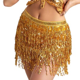 Women's Sequins Tassel Skirts 2 Packs Short Dance Festival Bottoms Metallic Gold Belly Dance Hip Scarf with Sparkly Fringe Rave Party Sequin Wrap Skirt Costume Tassel Skirt Tribal Belt