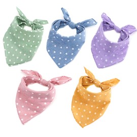 CHOIEO 5-Piece Dog Bandanas, Washable Cotton Polka Dots, Reversible, Suitable for Small to Medium Dogs & Cats (Pink+Blue+Yellow+Purple+Green, 17.7 Inches)