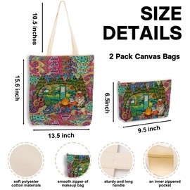 Hippie Gifts，2PCS Makeup Cosmetic Bag Canvas Tote Bag Beach Bag for Shopping Office, Hippies Van Hippie Decor Stuff Retro Camper Car Camping Gifts for Women Friend Girl Birthday Friendship Christmas