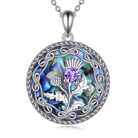 AXOMY Scottish Thistle Necklace 925 Sterling Silver Celtic Knot Necklaces Abalone Shell Pendant Scottish Thistle Jewelry Gifts for Women Valentine's Day Gifts
