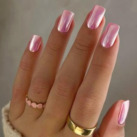 Mirror Metal Aurora Coconut Pink Press on Nails Medium Short Square Chrome Glazed Short Gel Nails Press ons Plating Nails Acrylic Nails Reusable Thick Fake Nails for Women Glue on Nails Medium Length