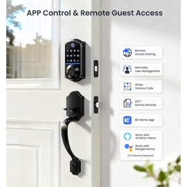 Veise VE017-H Fingerprint Smart Front Door Lock Set, App Control, Keyless Entry Deadbolt with Handle, Smart Deadbolt, Emergency Power Port, Touchscreen Keypad, Auto Lock, Easy Install, Matte Black