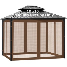 Gazebo Universal Replacement Mosquito Netting, 10' x 10' Outdoor Canopy Net Screen 4-Panel Sidewall Gazebo Curtains, with Zippers, Easy to Install, Fit for Most Gazebos 10x10 Canopy，Patio （Brown）