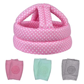 TORASO TORASO Baby Helmet & Baby Knee Pads for Crawling,Infant Helmet & Walking Baby Helmet，for Age 6-36 Months, Pink Dots(A).CA