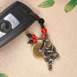 FAZOVIN Vintage Brass Lucky Snake Keychain with 5 Chinese Feng Shui Coins for Wealth Good Luck Key Ring Zodiac Snake Lucky Charm Tassel