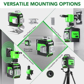 Laser Level, 3x360° Self Leveling Green Cross Line Laser for Construction and Picture Hanging with Rechargeable battery, Remote Controller, Magnetic Rotating Stand