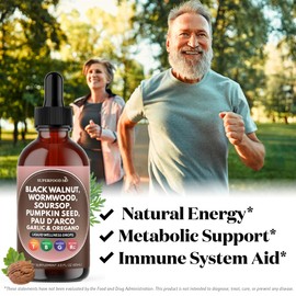 Wormwood Black Walnut Cleanse for Humans Drops Liquid Soursop Garlic Pumpkin Seed PAU D'Arco Oil of Oregano Turmeric Berberine Neem Extract Hull Bark Tincture - 8 oz