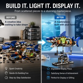 Mechanical Shark Building Set for Creative Play – 687-Piece Light-Up Moving Model with Gear-Driven Display Base