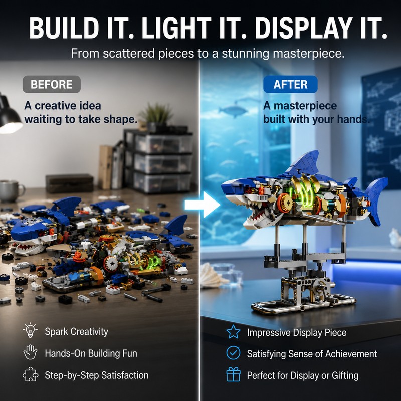 Mechanical Shark Building Set for Creative Play – 687-Piece Light-Up