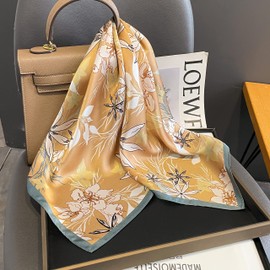 FEIBOON 100% Pure Mulberry Silk Scarfs 27"x27" Square Scarf Women Neckerchief Headscarf hair scarf bandana Gift Packed (Kaki flower)